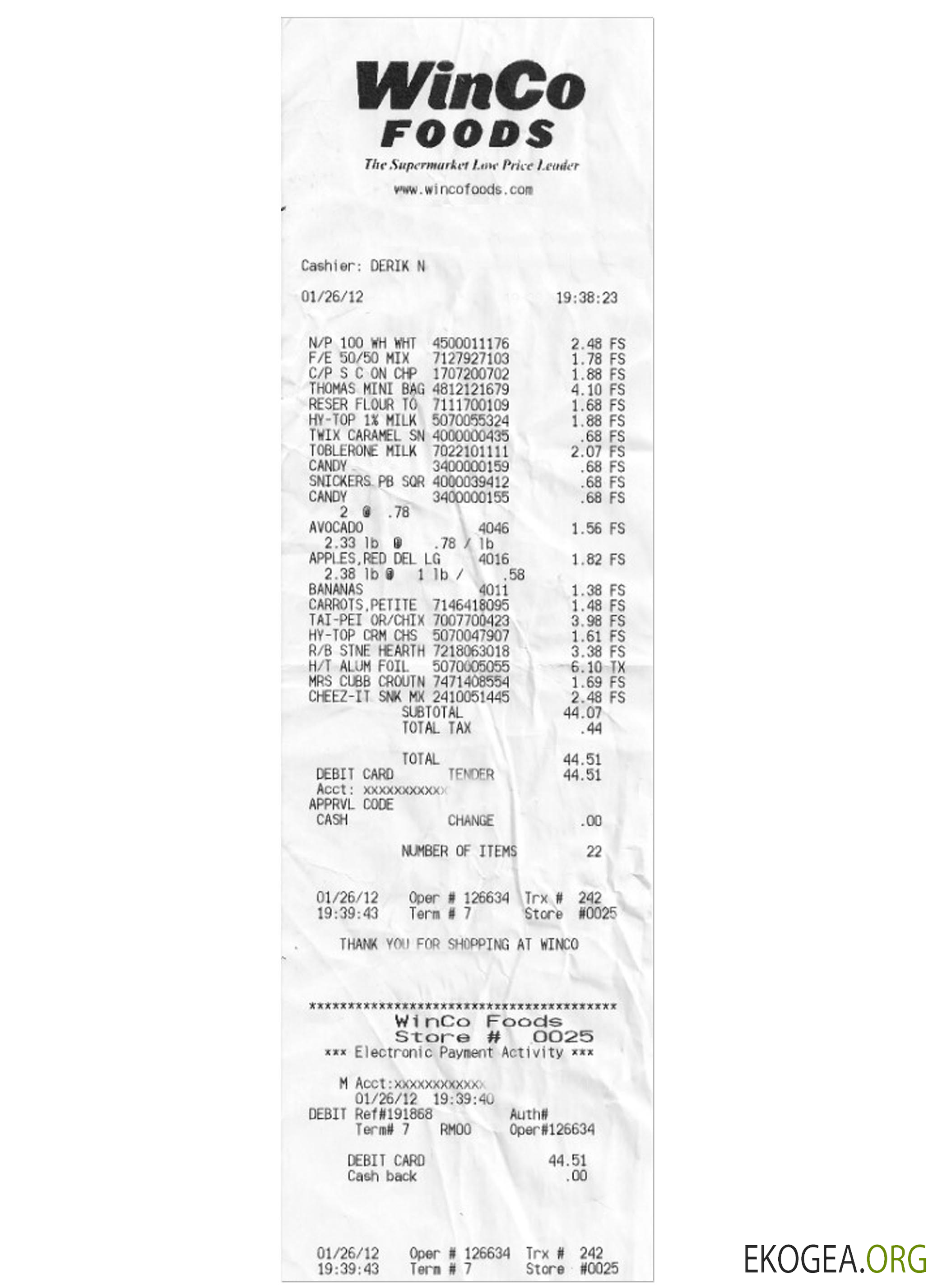 Reçu de paiement WINCO FOODS